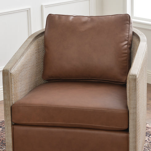 Claude Premium Leather Swivel Cane Chair - Brown Modern Swivel Chair | Swivel Accent Chairs | Kinwell Furniture | Swivel Armchairs